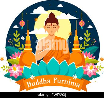 Happy Buddha Purnima Vector Illustration of Vesak Day o Indian Festival to Spiritual with in a Deep Meditation in Flat Cartoon background Illustrazione Vettoriale