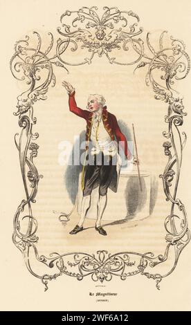 Medico tedesco Franz Mesmer, 1734-1815. Scoperto magnetismo animale o mesmerismo, in seguito chiamato ipnotismo. In parrucca in polvere, cappotto rosso, breeches, tubo flessibile e scarpe con fibbia, con canna da zucchero. Le Magnetiseur. Mesmer. Incisione in acciaio colorato a mano di Cottard su un'illustrazione di Theophile Fragonard, all'interno di un cartiglio decorativo di Bertrand, da Augustin Challamel Autrefois ou le Bon Vieux Temps, Types de 18e Siecle, Challamel et Cie, 1842. Foto Stock