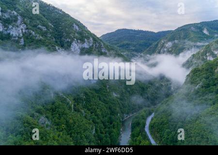 Vista aerea del verde canyon del fiume Tara, paesaggio naturale con alcune nuvole dalla cima del parco nazionale Durmitor vicino a Zabljak Foto Stock