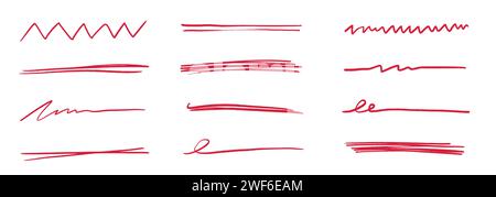 Traccia linea sottolineata penna, marcatore rosso. Contrassegno disegnato a mano, curva disegnata a pennello, vettore di schizzo scarabocchiato. Sottolineatura del testo della penna rossa, elementi di scarabocchio scritti a mano, enfasi sulle lettere. Illustrazione vettoriale Illustrazione Vettoriale