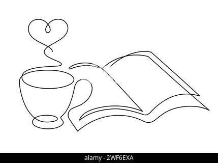tazza da caffè e apertura di un libro disegno a una linea illustrazione vettoriale minimalista continua Illustrazione Vettoriale