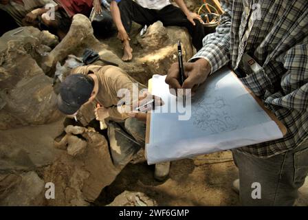 Il paleontologo Iwan Kurniawan disegna uno schizzo su carta che mostra le posizioni delle ossa fossilizzate di Elephas hysudrindicus, una specie di elefante estinta vissuta durante l'epoca del Pleistocene, che in seguito è conosciuta come "elefante Blora" mentre il suo team sta lavorando in background nel sito di scavo di Sunggun, Mendalem, Kradenan, Blora, Central Java, Indonesia. Il team di ricerca sui vertebrati (Agenzia geologica, Ministero dell'energia e delle risorse minerarie indonesiano) guidato dallo stesso Kurniawan con Fachroel Aziz ha scoperto le ossa della specie quasi interamente (circa il 90% completo). Foto Stock