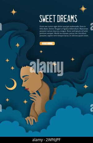 Banner Sweet Dreams con donna sana che dorme di notte Illustrazione Vettoriale