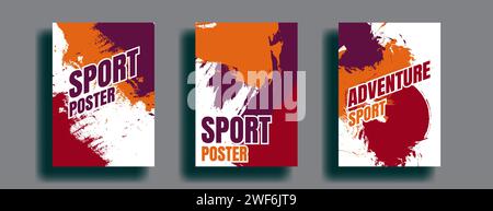 Set di poster sportivi con sfondo grunge di colore rosso, arancione e viola. illustrazione vettoriale Illustrazione Vettoriale