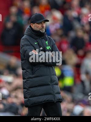 Liverpool. 29 gennaio 2024. L'allenatore del Liverpool, Jurgen Klopp, guarda la partita di calcio del quarto turno di fa Cup tra Liverpool FC e Norwich City FC a Liverpool, in Gran Bretagna, 28 gennaio 2024. Crediti: Xinhua/Alamy Live News Foto Stock