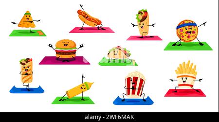 Personaggi del fast food animati su yoga e fitness sport. Pasti da ristorante in strada, personale infantile, nacho da asporto, hotdog, burrito e pizza, hamburger, mascotte divertente vettoriale isolato taco su tappetino yoga Illustrazione Vettoriale