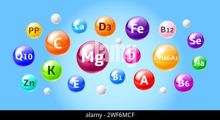 Integratore vitamine e minerali colorate sfere vettoriali 3d sospese a mezz'aria. PP, Q10, C e K. Zn, e, mg, CA e D3, Fe, D, B1 E B12. Capsule per microelementi a, Omega 3, se, Na e B6 o bolle lucide Illustrazione Vettoriale