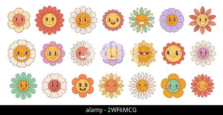 Volti di girasole con margherita hippie in stile retrò. Insieme vettoriale isolato di simpatici personaggi in camomilla felice. Fiori da giardino gioiosi e stravaganti, che irradiano energia vibrante, sorridono positivamente le vibrazioni estive Illustrazione Vettoriale