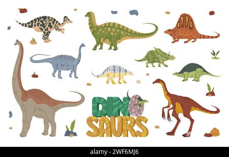 Dinosauri, personaggi dei cartoni animati e rettili giurassici per la collezione vettoriale del parco dei dinosauri. Simpatiche specie di dinosauri o dinosauri per bambini, educazione preistorica, rettili estinti gioco mondiale e lucertole mostri Illustrazione Vettoriale