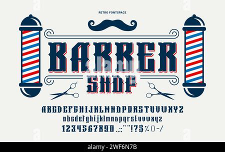 Font da barbiere retrò o stile western vintage per l'alfabeto inglese del barbiere, vecchio carattere ABC vettoriale. Font Barber per l'etichetta del negozio, testo di design hipster con lettere in grassetto e cartelli per il barbiere Illustrazione Vettoriale