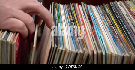 Primo piano della mano di un uomo che guarda dischi in vinile in un negozio di musica. Foto Stock