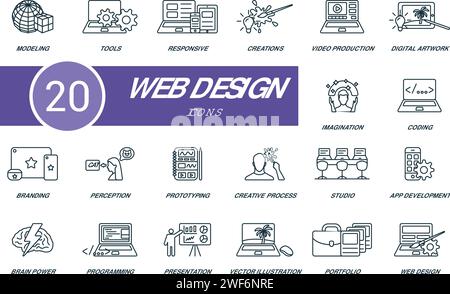 Set di icone di contorno del Web design. Icone creative: Modellazione, strumenti, reattività, creazioni, produzione video, grafica digitale, immaginazione, codifica, branding Illustrazione Vettoriale