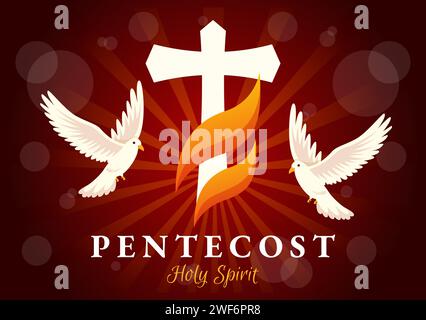 Pentecoste Sunday Vector Illustration with Flame and Holy Spirit dove in Catholics or Christians Religious Culture Holiday Flat Cartoon background Illustrazione Vettoriale