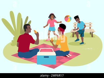 Semplice illustrazione vettoriale piatta della famiglia Happy Black al picnic Illustrazione Vettoriale