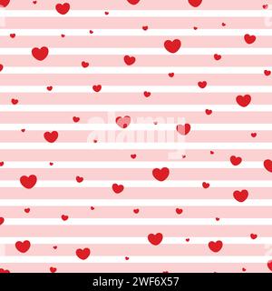 Motivo astratto senza cuciture con cuori e sfondo a righe. Romantico motivo senza cuciture in design piatto. Forma del cuore su sfondo a righe Illustrazione Vettoriale