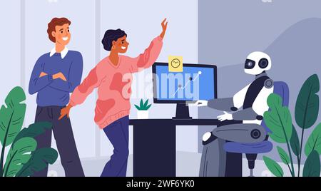 Il robot funziona per le persone. I dipendenti in ufficio vanno in vacanza. L'intelligenza artificiale sostituisce gli esseri umani. Assistente AI. Tecnologia elettronica. Android aiuta Illustrazione Vettoriale