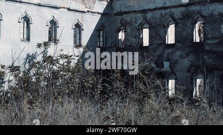 Spaventoso edificio bianco disordinato abbandonato nei boschetti Foto Stock