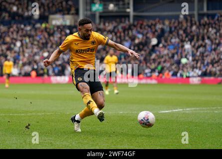 Foto del fascicolo datata 28-01-2024 di Matheus Cunha che segna agli Hawthorns. Il marcatore Matheus Cunha ha ammesso che era difficile guardare le scene violente che hanno rovinato la vittoria della fa Cup del Wolves a West Brom. Data di emissione: Lunedì 29 gennaio 2024. Foto Stock