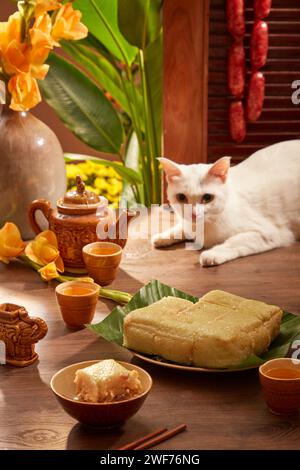 Il tradizionale cibo lunare di Capodanno è Banh Chung (torta di riso appiccicosa), set da tè e gatto in legno per pubblicità di cibo natalizio, vista frontale. Foto Stock