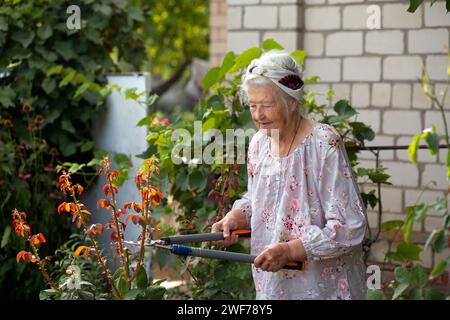 Ritratto di una donna anziana bionda con uno stile di vita attivo che si gode la pensione durante il lavoro in giardino in una giornata di sole d'estate Foto Stock