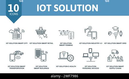 Icona del set di soluzioni IoT. Contiene illustrazioni di soluzioni iot come retail intelligente, Industry 4,0, trasporti intelligenti e altro ancora. Illustrazione Vettoriale