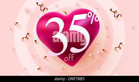 Sconto del 35%. Sconto San Valentino composizione creativa cuore. Mega sale. Illustrazione vettoriale. Illustrazione Vettoriale