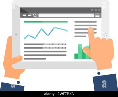 La mano dell'utente immette i dati sul sito Web del mercato cartografico su un laptop portatile. Menu della pagina Web consumer sullo schermo del gadget digitale. Vettore piatto semplice isolato o Illustrazione Vettoriale