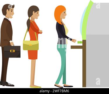 Le persone fanno coda all'icona vettoriale bancomat della banca isolata su bianco Illustrazione Vettoriale