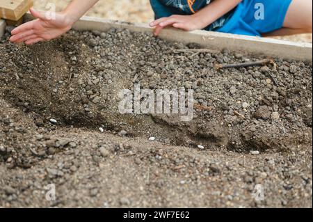 Primo piano della mano del bambino che spinge il terreno sui semi piantati in giardino Foto Stock