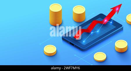 Sfondo isometrico smrtphone con monete e grafico a freccia crescente. Accumulare punti online. Illustrazione vettoriale Illustrazione Vettoriale