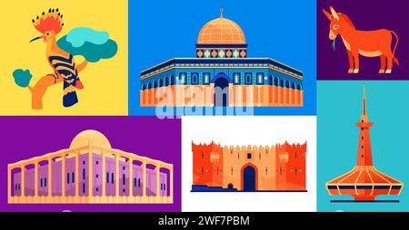 Patrimonio architettonico di Israele - serie di illustrazioni in stile design piatto Illustrazione Vettoriale