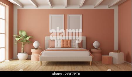 Camera da letto moderna con colori di tendenza Peach anno 2024 - rendering 3D. Foto Stock