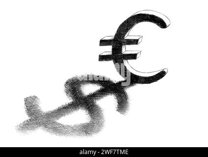 Matita tratteggiata a mano libera che disegna su carta di un segno dell'euro che proietta un'ombra da un dollaro. Concetto di economia e finanza per il rapporto tra il curren europeo Foto Stock