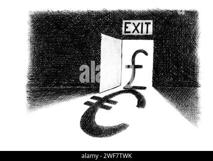 Disegno a matita a mano libera di un cartello della sterlina britannica in piedi sulla soglia di una porta di uscita che proietta un'ombra simbolo dell'euro. Metafora artistica per B Foto Stock
