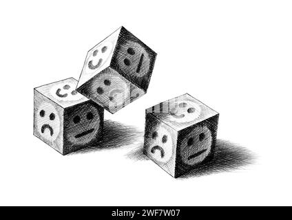 Estrazione a matita libera di tre dadi lanciati. Due sono atterrati con faccia in alto, mentre il terzo è ancora in aria. Metafora artistica per fortuna, possibilità, rischio, b Foto Stock