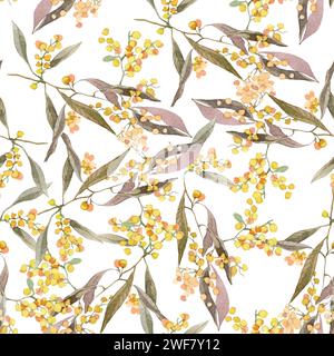 motivo ad acquerello senza cuciture con rami di mimosa su sfondo bianco, ornamento pasquale Foto Stock