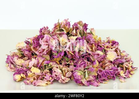 Un mucchio di petali di rosa asciutti su un vassoio beige. Ripresa in studio. Foto Stock