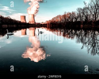 Ingannevole paesaggio marino idilliaco con cigni davanti alla centrale nucleare Cruas France Foto Stock