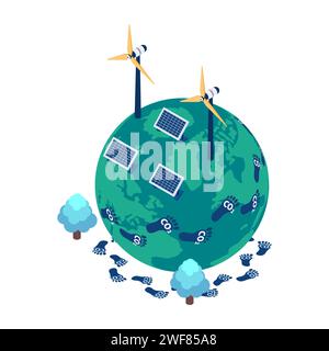 Mondo isometrico 3d piatto con impronta di carbonio ed energia rinnovabile. Ridurre le emissioni di carbonio e il concetto di cambiamento climatico Illustrazione Vettoriale