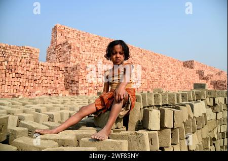 Dhaka, Dhaka, Bangladesh. 27 gennaio 2024. 28 gennaio 2024-Dacca, Bangladesh - Ritratto di un lavoro in muratura. Il mondo sta attraversando una rapida urbanizzazione e il Bangladesh non fa eccezione. Una tale rapida urbanizzazione genera una domanda massiccia di mattoni in quanto è uno degli ingredienti chiave per costruire strutture in cemento. Per rispondere a questa crescente esigenza, il numero di giacimenti di mattoni è aumentato a un ritmo allarmante in Bangladesh. La maggior parte di essi si svolgeva in terreni agricoli che causavano una riduzione della produzione agricola. Sappiamo che la combustione del carbone causa enormi emissioni di carbone Foto Stock