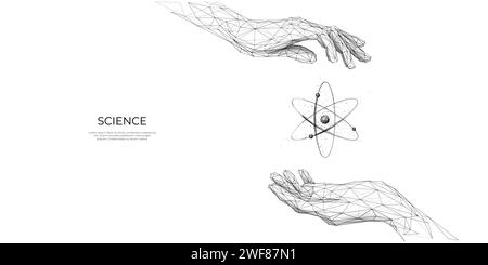 Le mani astratte di una donna con il simbolo atomico. Atomo nucleare o molecola. Illustrazione Vettoriale