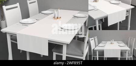 Guida da tavolo bianca vuota e mockup piatti, sfondo interno, rendering 3d. Accessorio in tessuto vuoto per modellare gli utensili da cucina, lati diversi. Chiaro Foto Stock