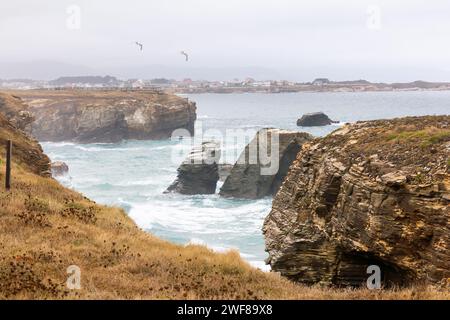 Vista spettacolare degli aspri archi e delle scogliere di Playa de las Catedrales in una giornata nuvolosa in Spagna, con onde che si infrangono e gabbiani in volo. Foto Stock