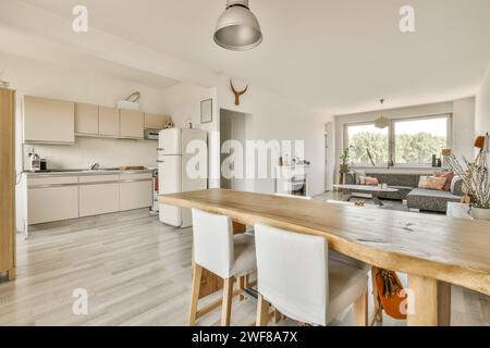 Un soggiorno moderno e ben illuminato si fonde perfettamente con una cucina, caratterizzata da linee pulite e una tavolozza di colori neutri. Foto Stock