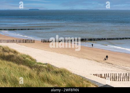 Guardando verso il basso dalle dune di sabbia, la spiaggia e il mare di Westkapelle in Zelanda si snodano sotto la luce radiosa del sole di una tranquilla giornata invernale Foto Stock