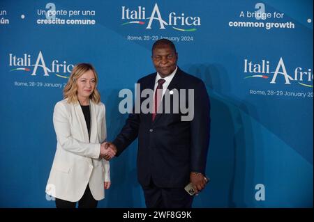 Roma, Italia. 29 gennaio 2024. Roma - Senato Italia Africa Summit dal titolo ItaliAfrica A bridge common growth nella foto Giorgia Meloni Faustin-Archange Touadera Presidente della Repubblica Centrafricana Editoriale Usage Only Credit: Independent Photo Agency/Alamy Live News Foto Stock