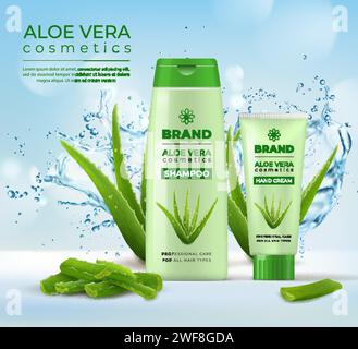 Bottiglia di crema di aloe vera verde e shampoo cosmetico con spruzzi d'acqua e poster vettoriale. Mockup di biberon cosmetico per la bellezza dei capelli e la cura della pelle in aloe vera sullo sfondo con schizzi d'acqua e gocce Illustrazione Vettoriale