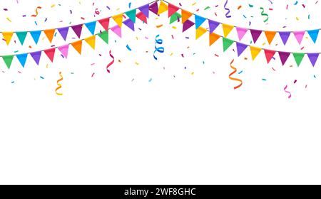 Festa di compleanno bandiera garland e coriandoli. Sfondo festivo vettoriale che crea un'atmosfera vivace piena di gioia e festeggiamenti. Sfondo vivace con decorazioni colorate, modello per biglietti d'auguri Illustrazione Vettoriale