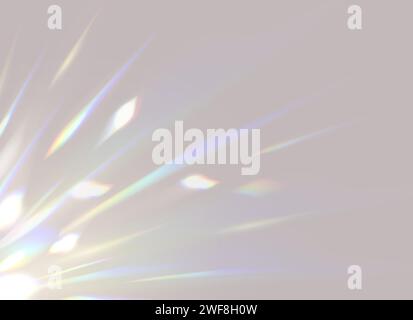 Sfondo con sovrapposizione luminosa a prisma in cristallo. Effetto di riflessione ologramma dell'arcobaleno vettoriale, perdita di luce brillante con tonalità vivaci e rifrazione spettrale. Sfondo iridescente e accattivante sfocato etereo Illustrazione Vettoriale