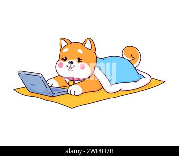 Cartoni animati Shiba Inu cucciolo di cane giapponese con computer portatile, simpatico animale kawaii o divertente animale, personaggio vettoriale. Cane da cucciolo Shiba Inu sdraiato sul tappeto con computer portatile, emoji Happy Dog per personaggio mascotte Illustrazione Vettoriale